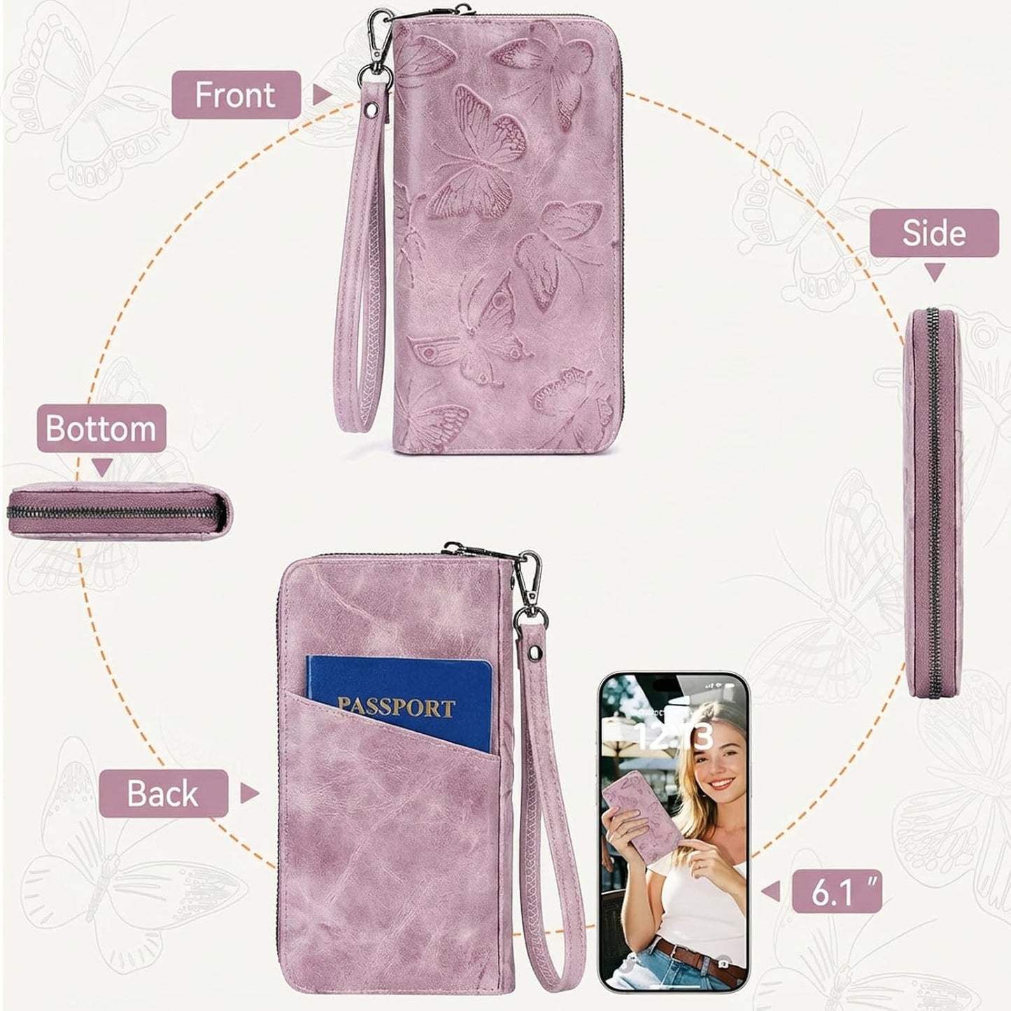HOTBELTANA Womens Wallet RFID Wallet Women with Passport Holder Butterfly Vegan Leather Multi Card Slots Wallets Large Capacity Wristlet Travel Purse for Women (Purple)