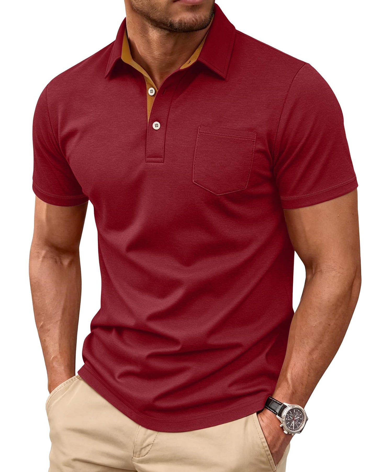 HOTMens Short Sleeve Polo Shirts Collared Business Casual Polo T Shirts with Pocket