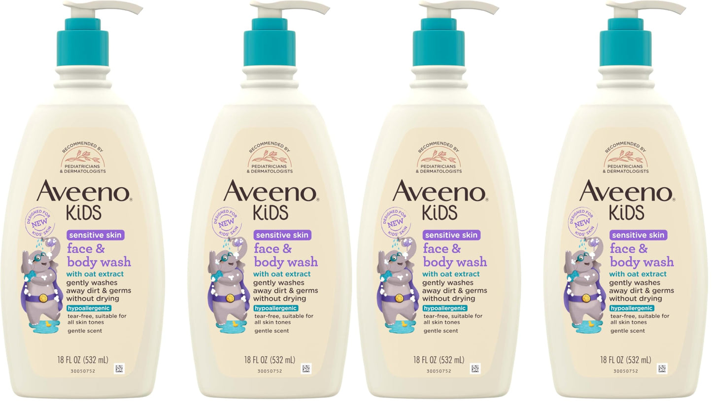 HOTAveeno Kids Sensitive Skin Face & Body Wash, Nourishing Oat Extract, Wash Away Dirt and Germs Without Drying, Kids Body Wash is Tear-Free, Hypoallergenic, Sulfate- & Dye-Free, 18 Fl Oz