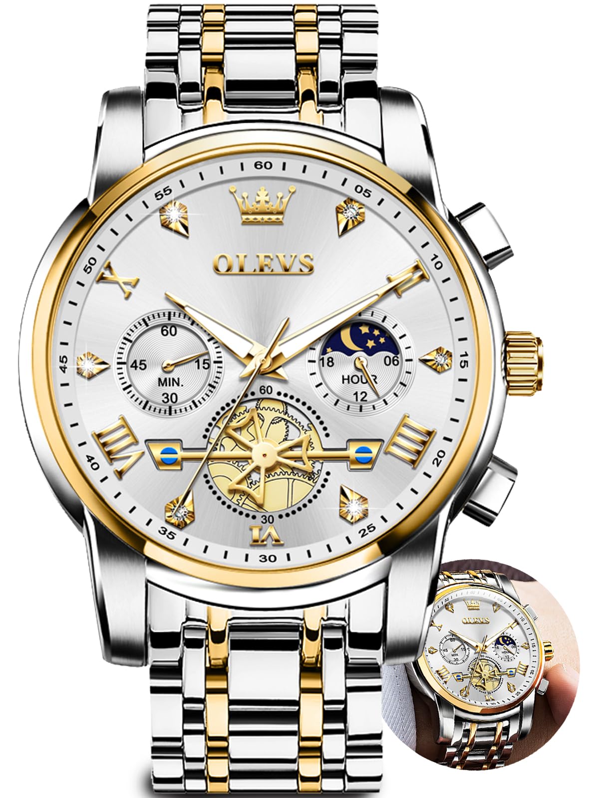 HOTOLEVS Watches Men Stainless Steel Chronograph Watch Luxury Big Face Man Dress Watches Waterproof Roman Numeral Analog Quartz Men Wrist Watch Diamond Relojes para Hombre(Silver/Black/Gold/Red/Blue)