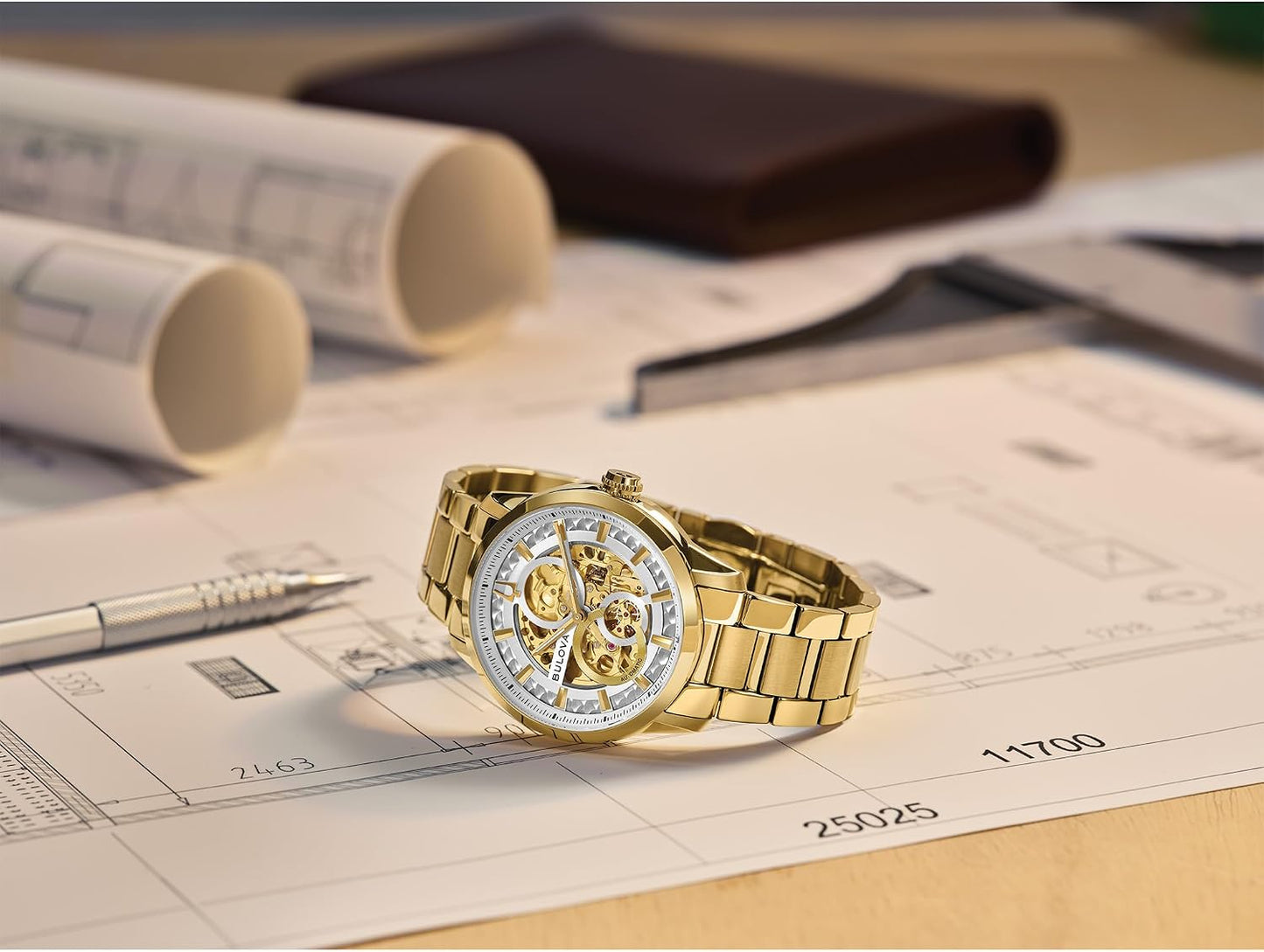 HOTBulova Men's Automatic Sutton Watch, Gold-Tone Stainless Steel Case & Silver-White Dial (Style: 97A201)