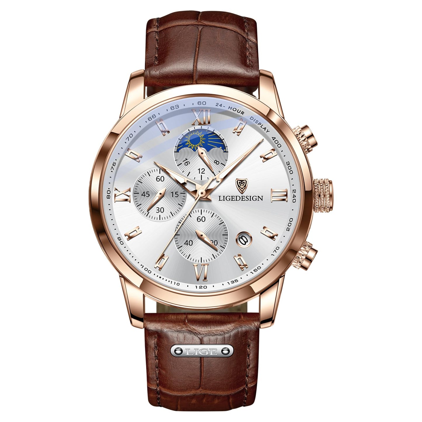 HOTLIGE Chronograph Watch for Men Wrist Leather Analog Dress Waterproof Vintage Work Casual Unique Retro Quartz Date Moon Phase Display Luminous 3ATM Water Resistant Mens Watches