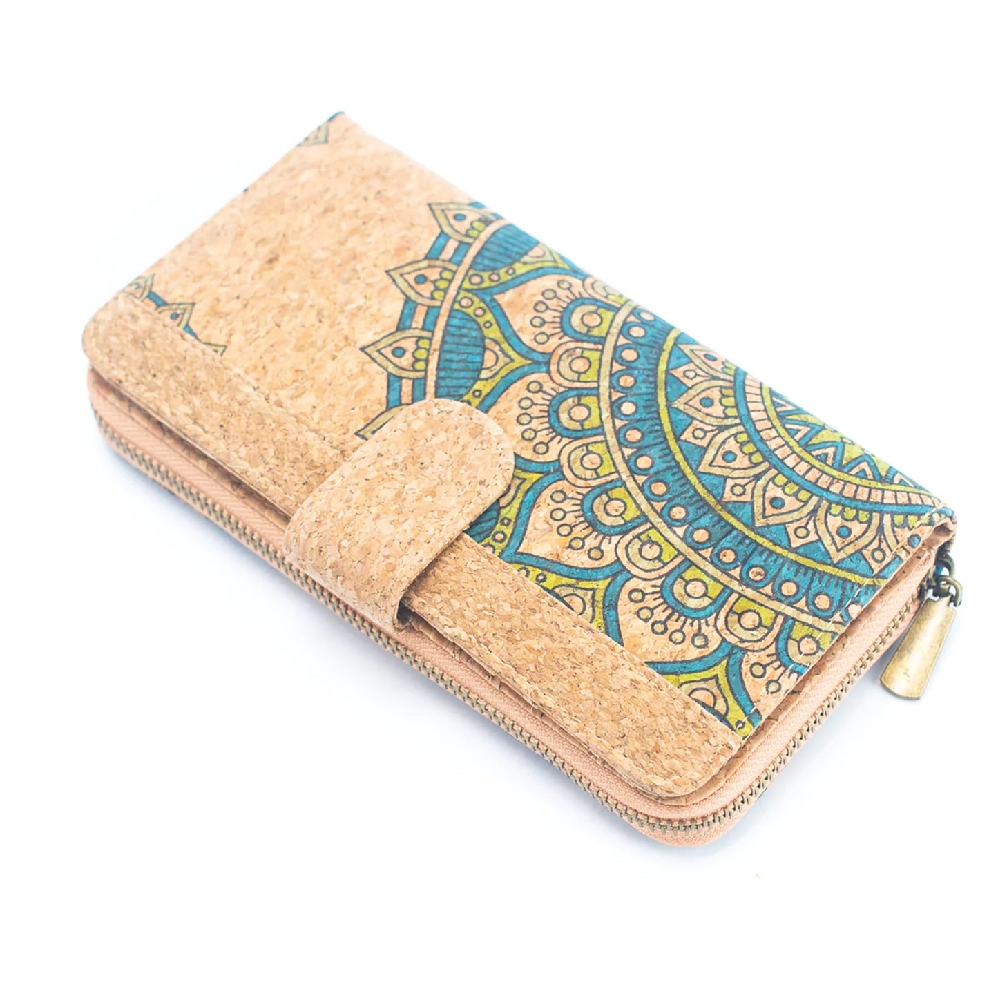 HOTNatural cork zipper wallet, vegan wallet Eco friendly gift, lightweight durable (Green Mandala)