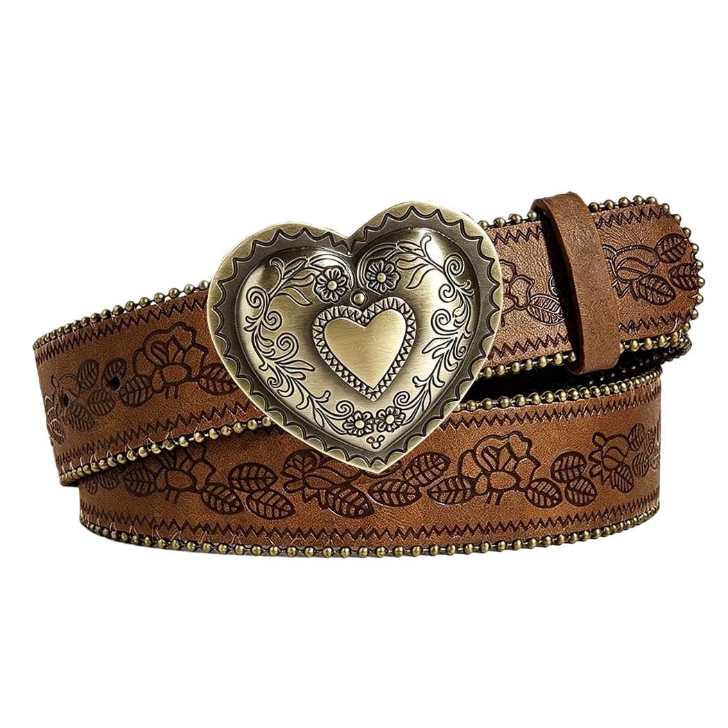 HOTWomen Western Belt with Heart Embossed Buckle Vintage Brown Belt for Jeans Pant Dress Cowgirl Cowboy Belts