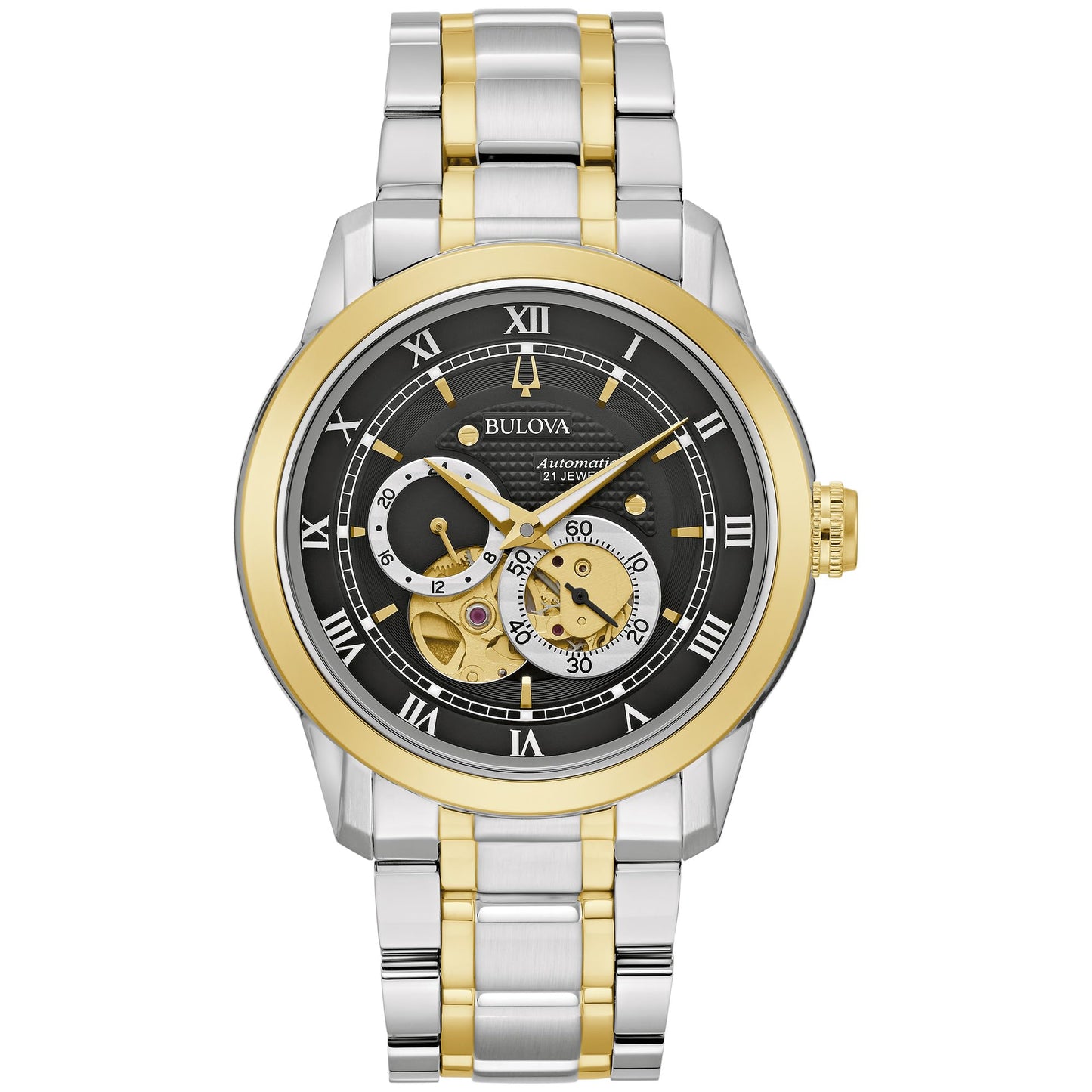 HOTBulova Men's Classic Sutton 4-Hand Automatic Watch, 24-Hour Sub Dial, Open Aperture, Self-Winding, Exhibition Caseback, Double Curved Mineral Crystal, Luminous Hands, 42mm