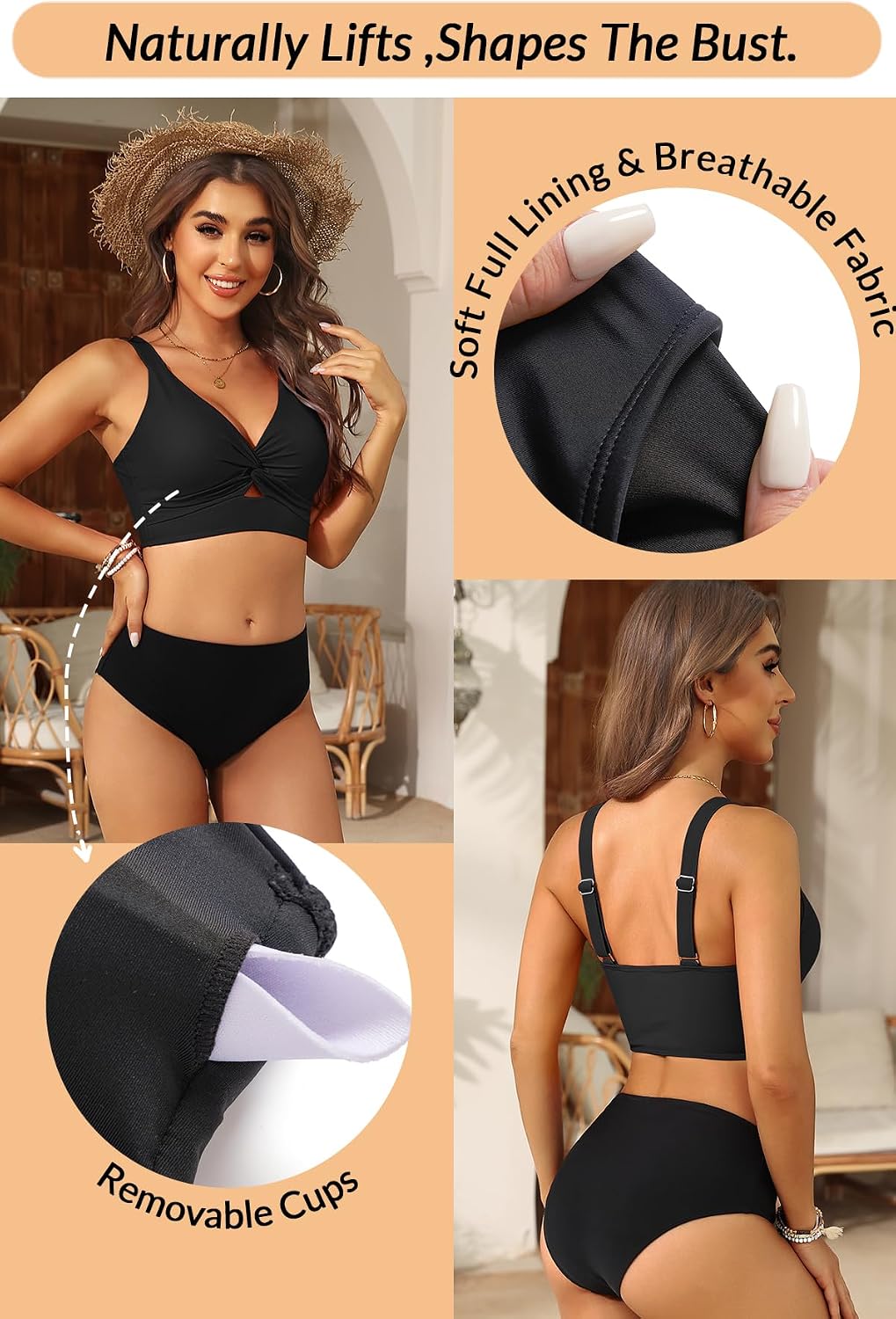 HOTWomen Cut Out Twist Bikini Top Only Supportive Large Bust Swimsuit Top | Removable Cups,Wide Underbust Band,Adjustable Wide Straps,Full Lining,Soft Fabric,High Stretch