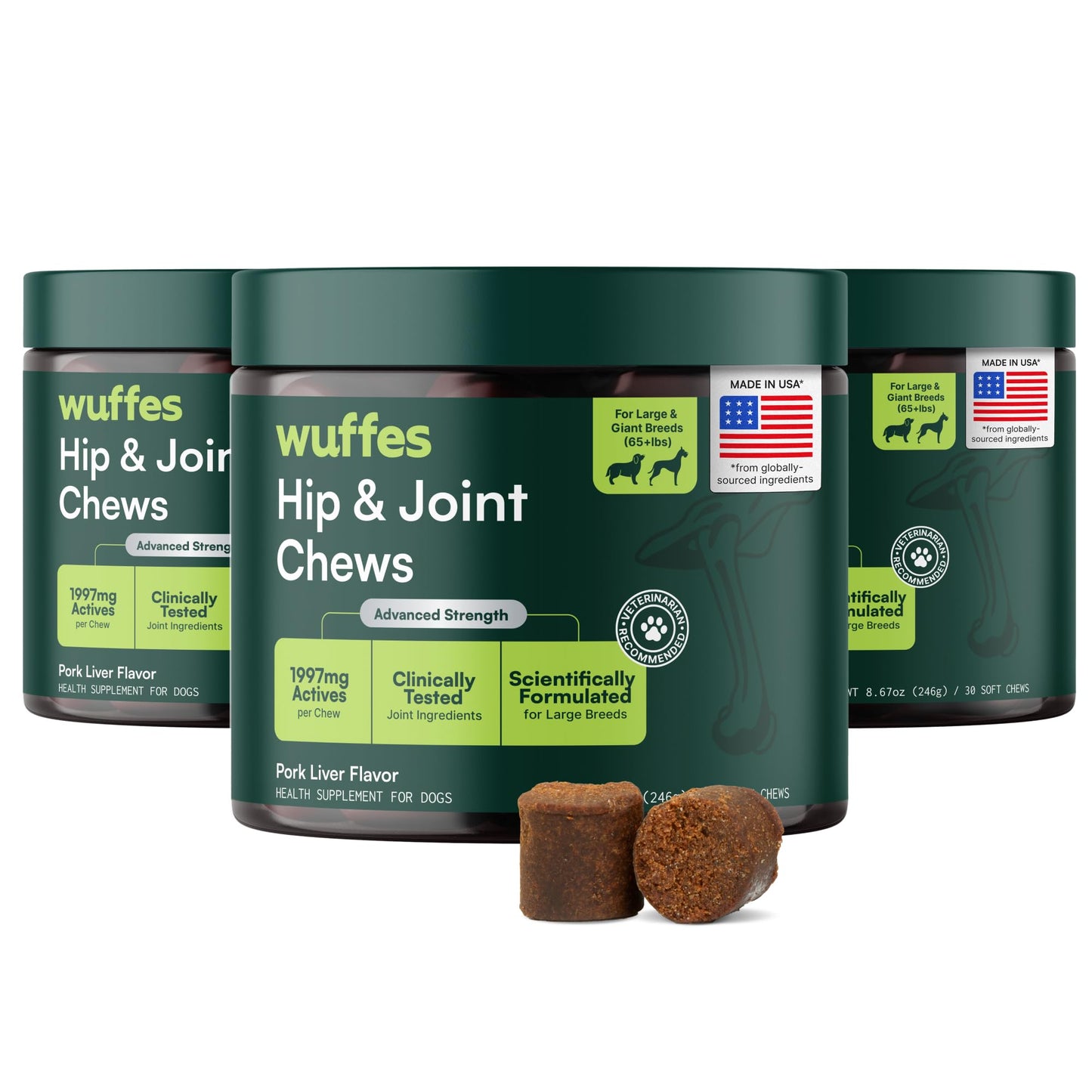 HOTWuffes Advanced Dog Hip and Joint Supplement with Glucosamine, Chondroitin, Omega 3, MSM, and Green Lipped Mussel, 60 Pork Flavored Chews for Small and Medium Dog Breeds