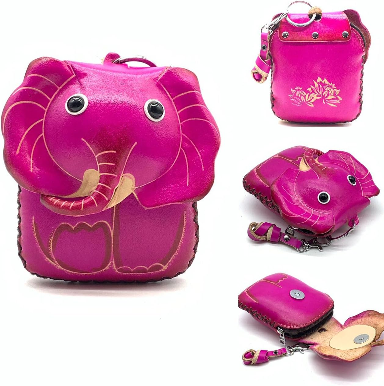 HOTHandmade Vintage Genuine Leather 3D Animal Elephant Coin Purse With Removable Wrist Strap (Dark Pink)
