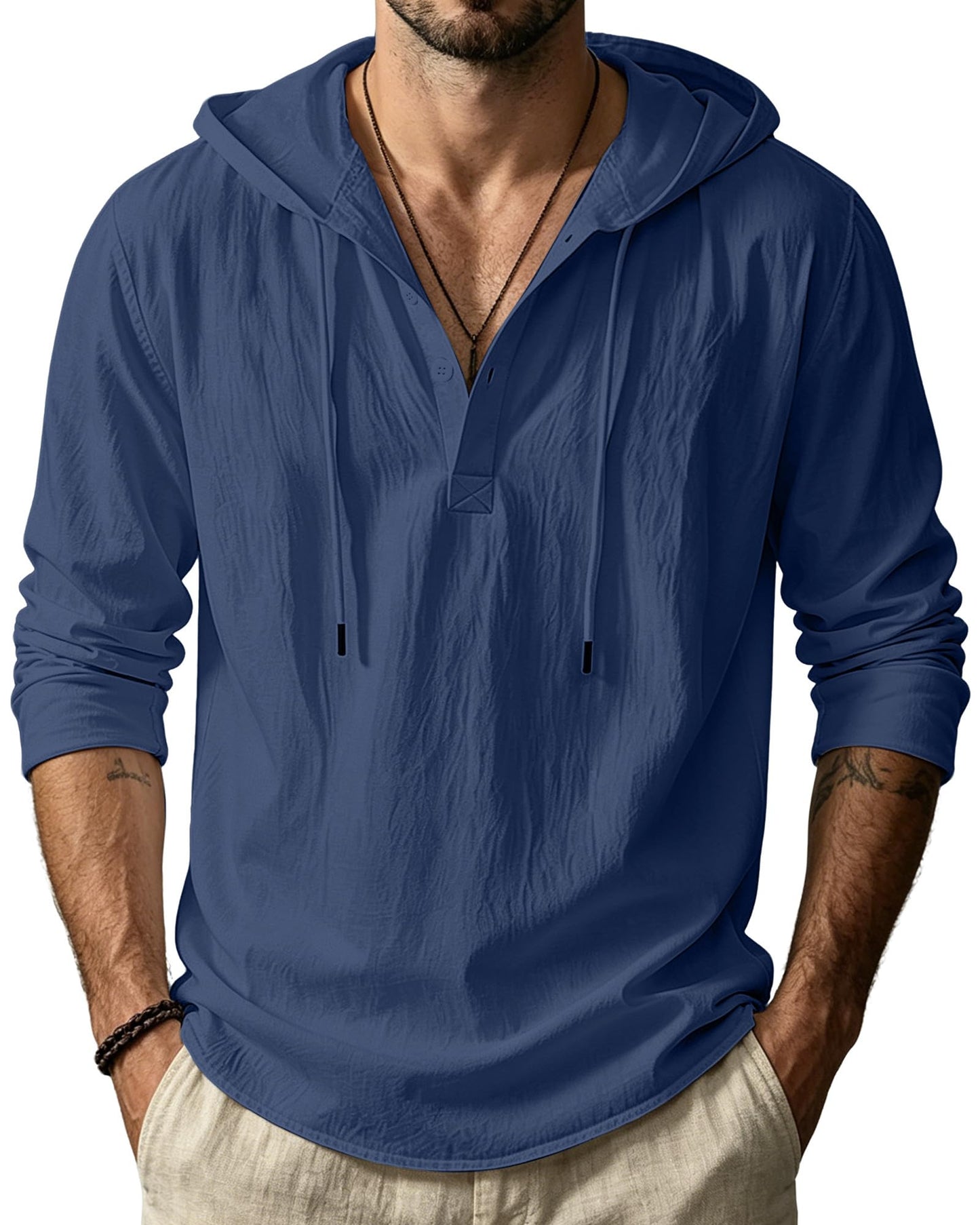 HOTMen's Cotton Linen Hoodies Casual Hooded Long Sleeve Button Down Shirts Lightweight Casual Hawaiian Beach Sweatshirts