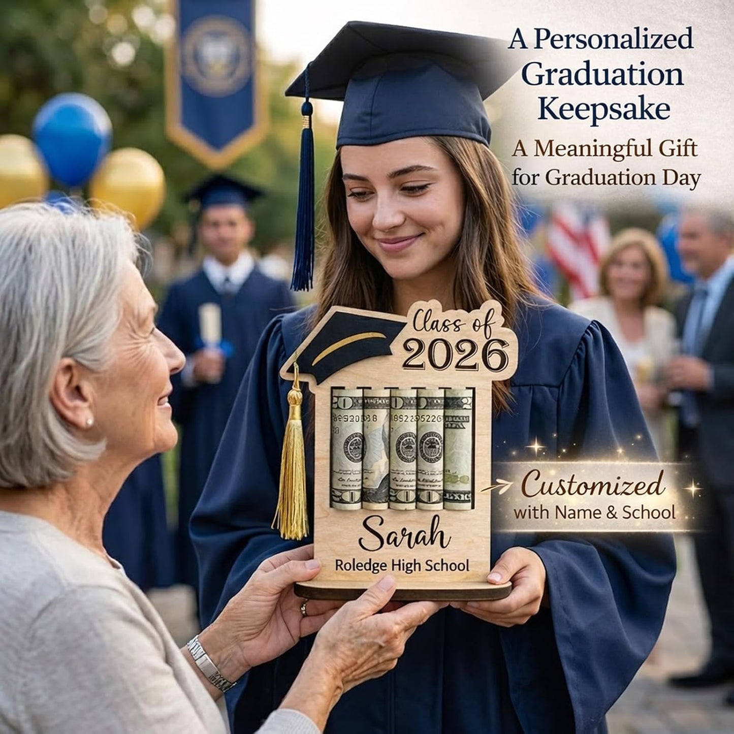 HOTPersonalized Graduation Gifts Class of 2026 Money Holder - Custom Name & School Graduation Money Gift Holder for Him Her, Senior Wooden Cash Display Standing Scroll Holder, Unique Graduate Keepsake