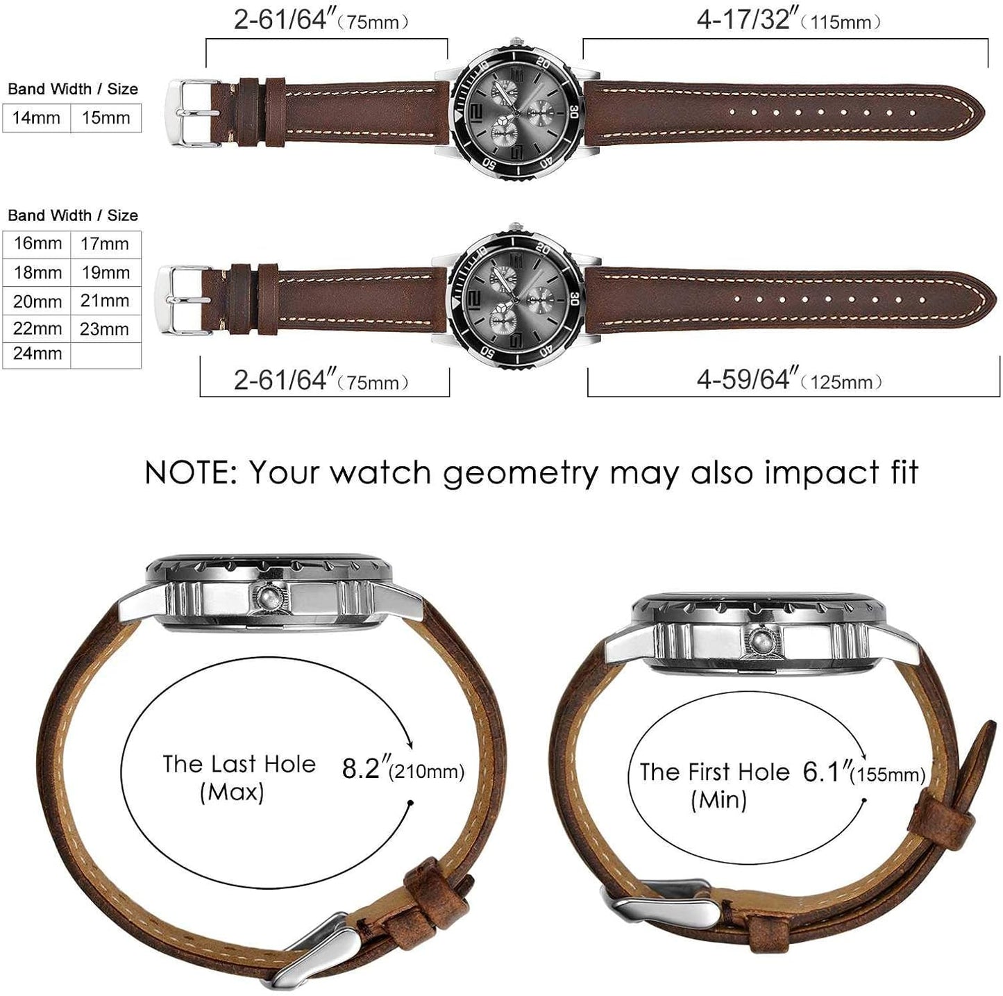 HOTBISONSTRAP Watch Strap, Vintage Leather Replacement Bracelet, Band Width-14mm 15mm 16mm 17mm 18mm 19mm 20mm 21mm 22mm 23mm 24mm