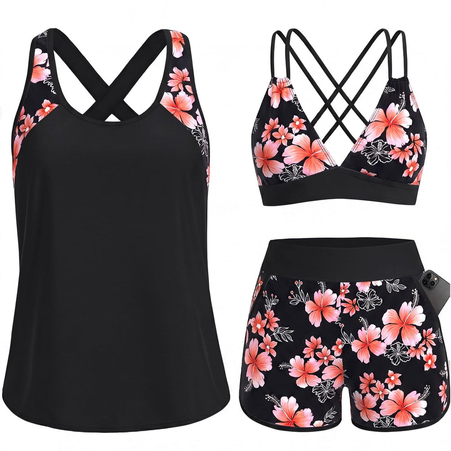 HOTWomen's 3 Piece Tankini Swimsuit Tummy Control with Bra Pocket Boy Shorts | Modest Bathing Suit, Athletic Style, Strappy-Back Support, High-Waist Fit, Built-In Brief, Side Pockets, Beach Swim Days