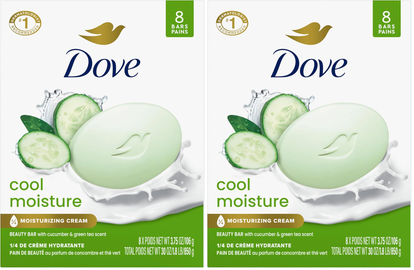 HOTDove Cool Moisture Beauty Bar Soap 8 Count, Refreshing Cleanser, 3.75 oz I Moisturizing beauty bar with cucumber and green tea scent for refreshed, soft skin