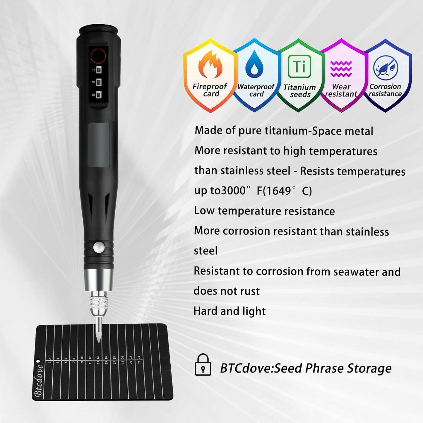 HOTCrypto Seed Phrase Storage - Crypto wallet - Compatible with all software and hardware wallets-Made of pure titanium-A kit with 4 titanium plates and an electric engraving pen.
