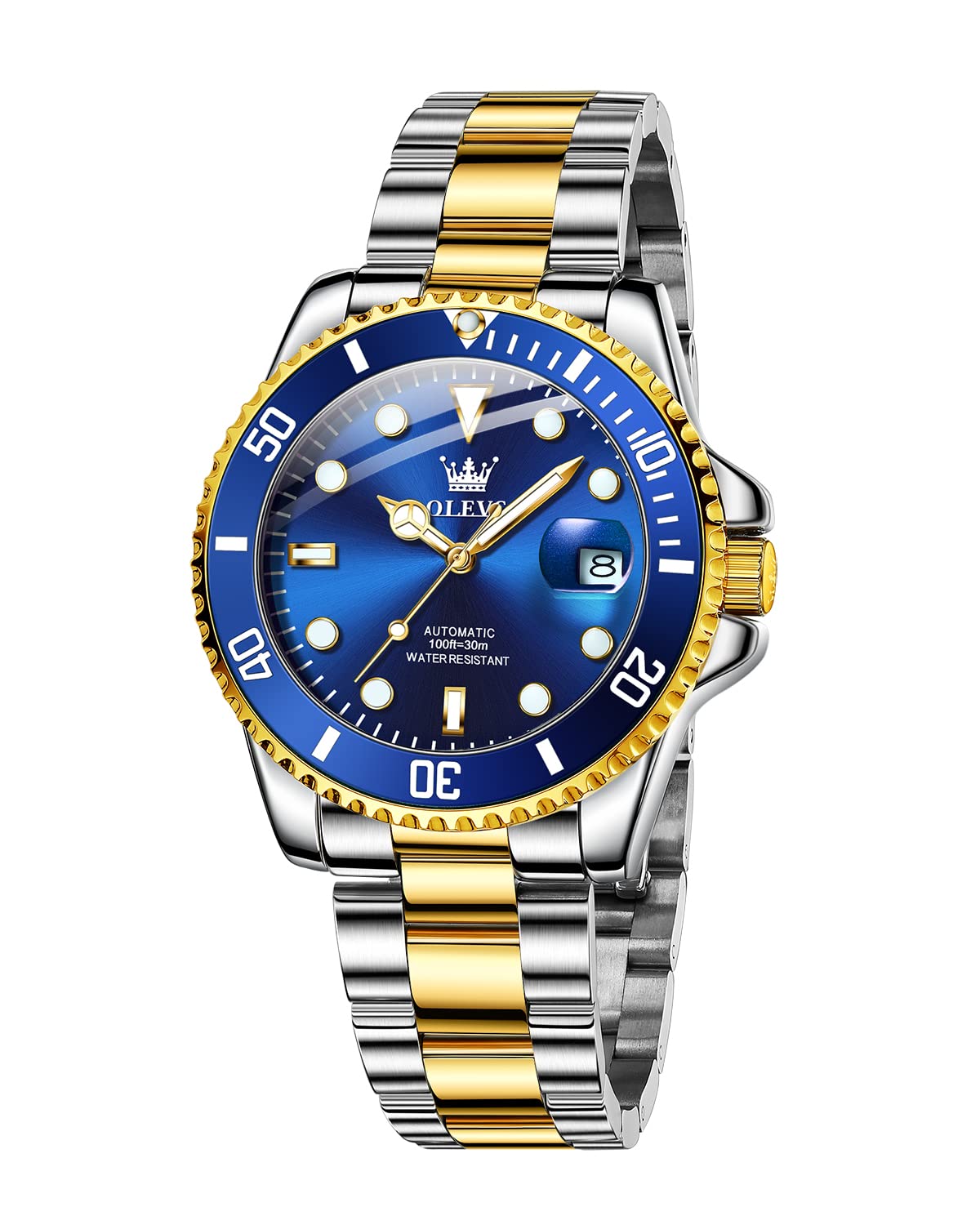 HOTOLEVS Men's Watches with Date, Premium Gold and Silver Stainless Steel Analog Watches for Men, Classic Rotatable Bezel Men's Cuff Watches, Blue/Green/Black Dial