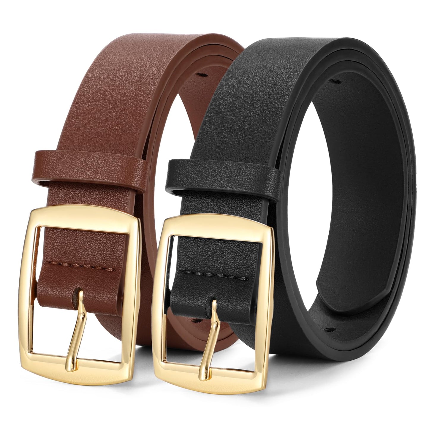 HOTWERFORU 2 Pack Women Leather Belts for Jeans Pants Fashion Leather Belts for Women Waistband with Gold Pin Buckle