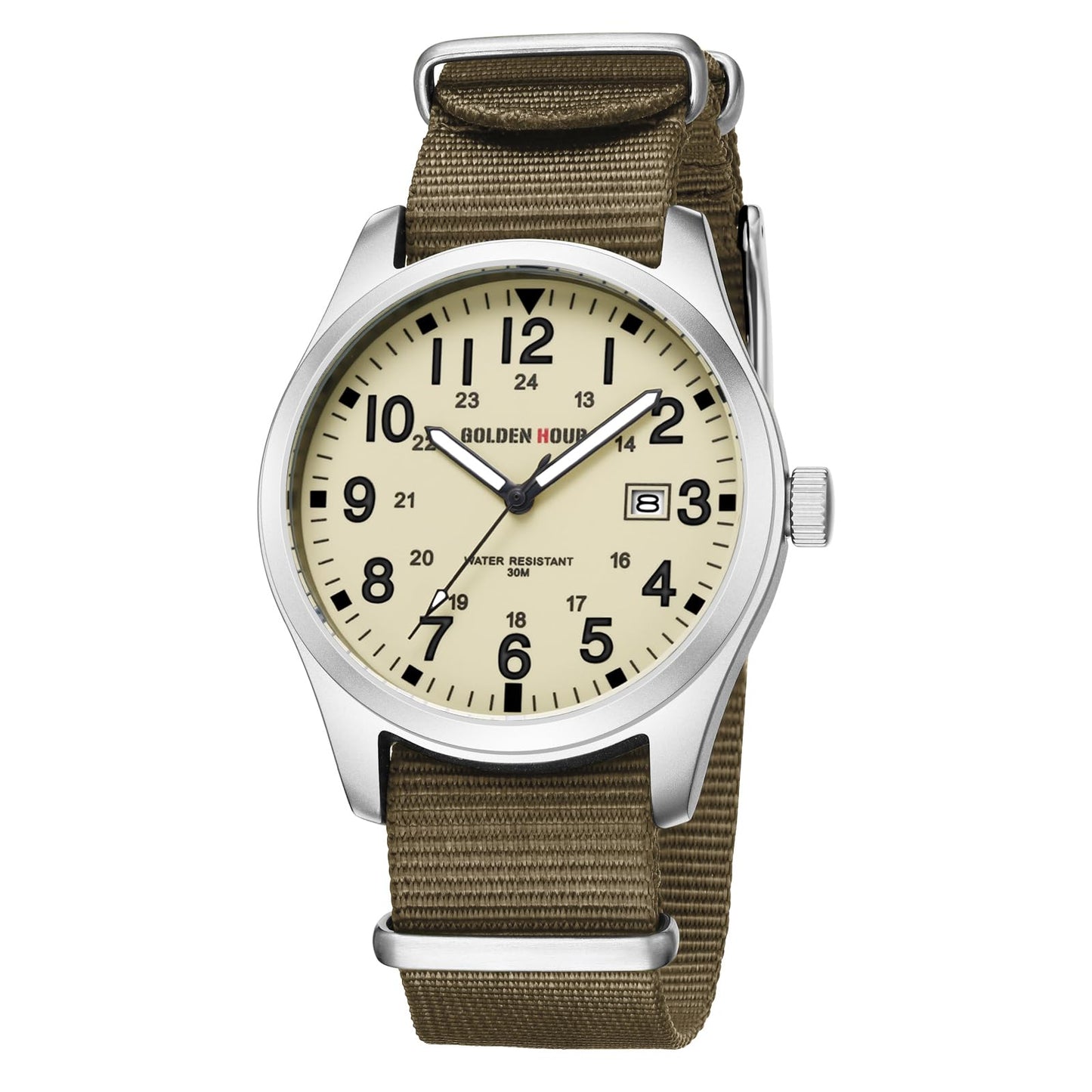 HOTGOLDEN HOUR Men's Nylon Slip-Thru Strap Watch with Military Time Easy Read Dial Glowing Hands