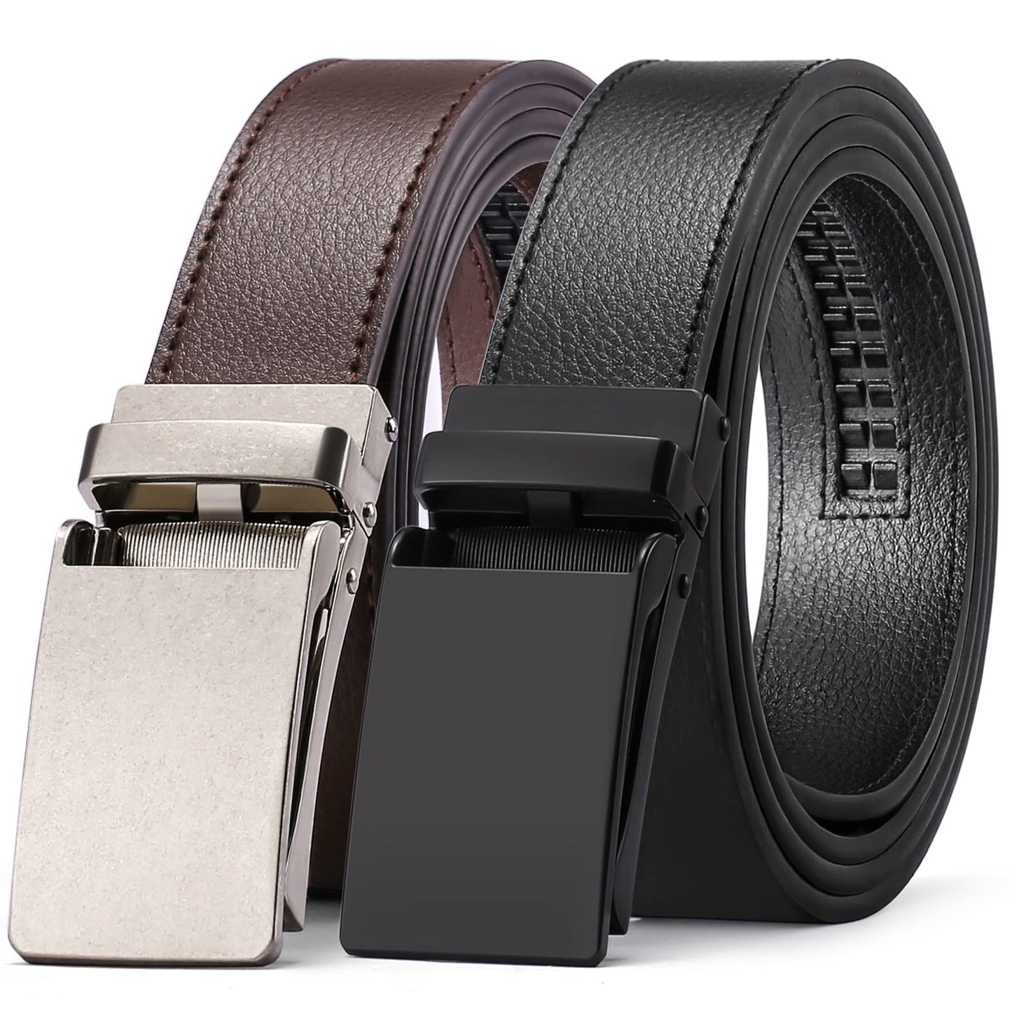 HOTSENDEFN 2 Pack Ratchet Belt Men, Men Leather Belts in Gift Set Box for Dress Casual, Size Adjustable Trim to Fit