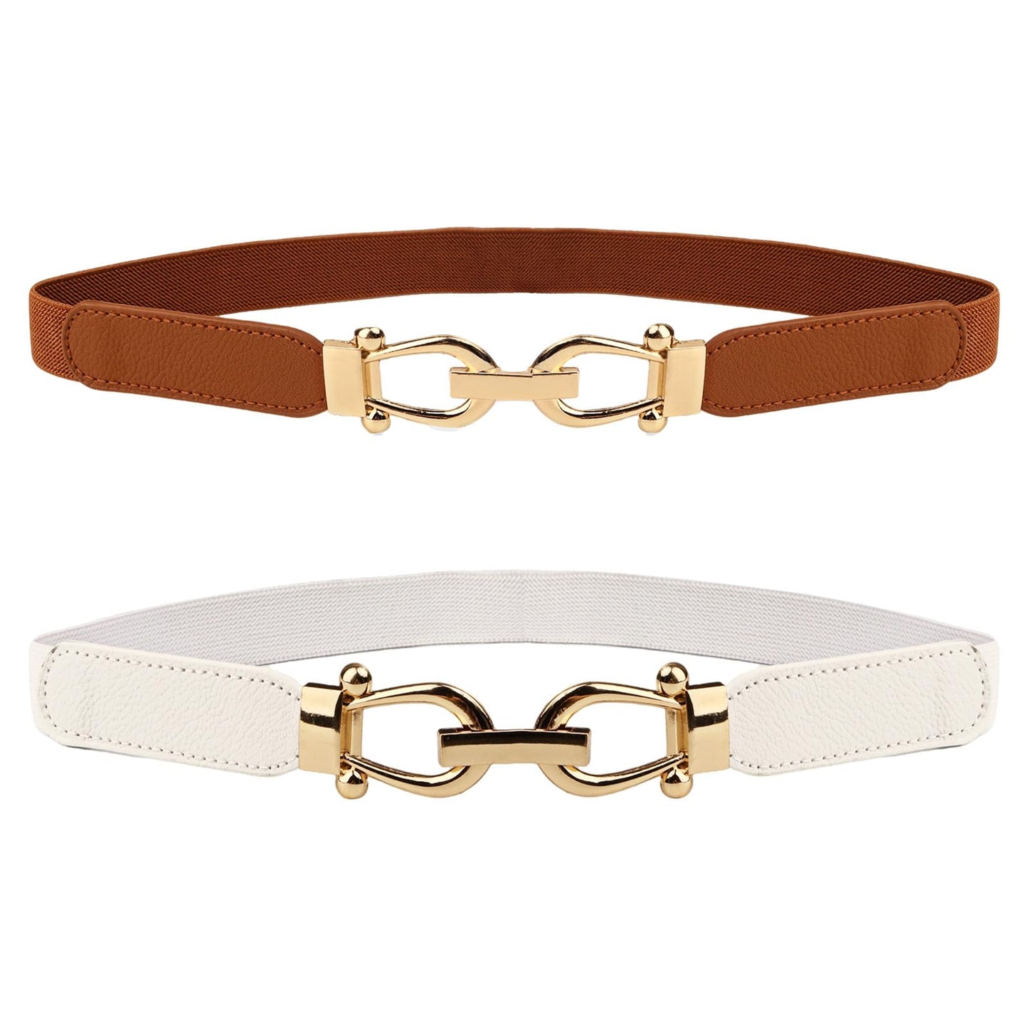 HOTWomen Stretchy Waist Belt, 70cm L Fit 27"-33" Waist 2.5cm W, Retro Elastic Gold Buckle for Ladies Dresses, 2 Pack