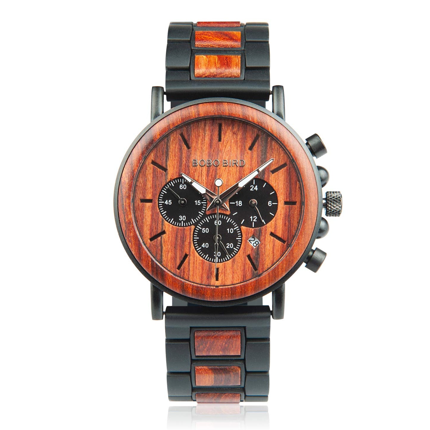 HOTBOBO BIRD Wooden Mens Watches Wood & Stainless Steel Combined Chronograph Military Quartz Casual Wristwatches