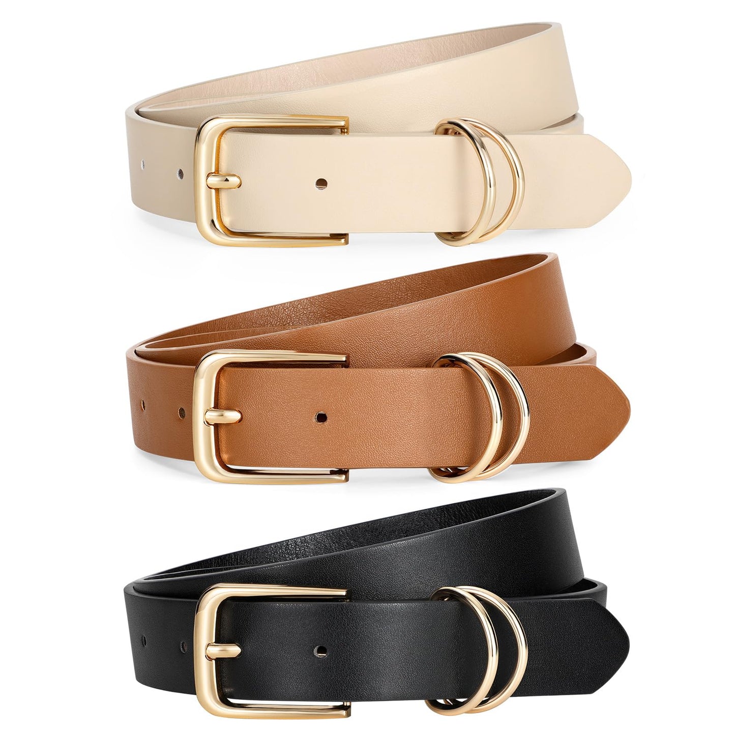 HOTLEACOOLKEY 3 Pack Women's Leather Belts for Jeans Dress Pants Fashion Ladies Leather Belts with Gold Buckle