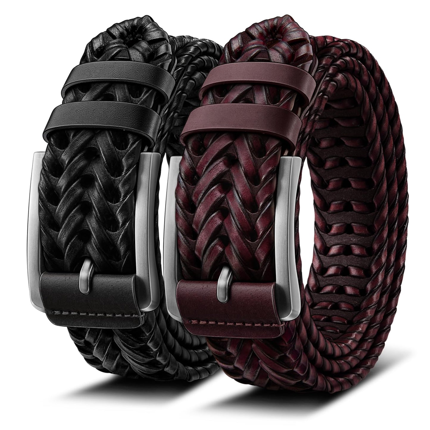 HOTBULLIANT 2-Pack Braided Woven Leather Belts for Men 1 3/8"-Gift Boxed | Holeless Understated Elegance| Breathable & Lightweight | Versatile For Golf, Casual, Jeans