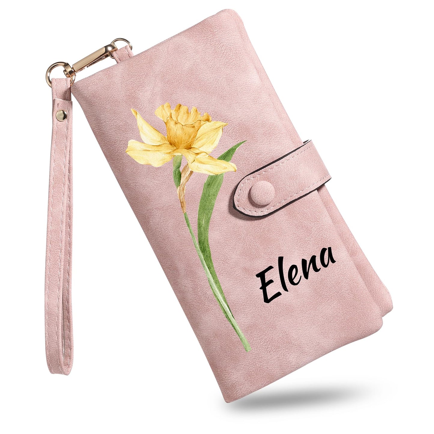 HOTMMXX Personalized Floral Wallet for Women PU Leather Wallet Wristlet with Birth Flower and Name Large Capacity Floral Purse Birthday Gifts for Mom Wife Girlfriend (A1)