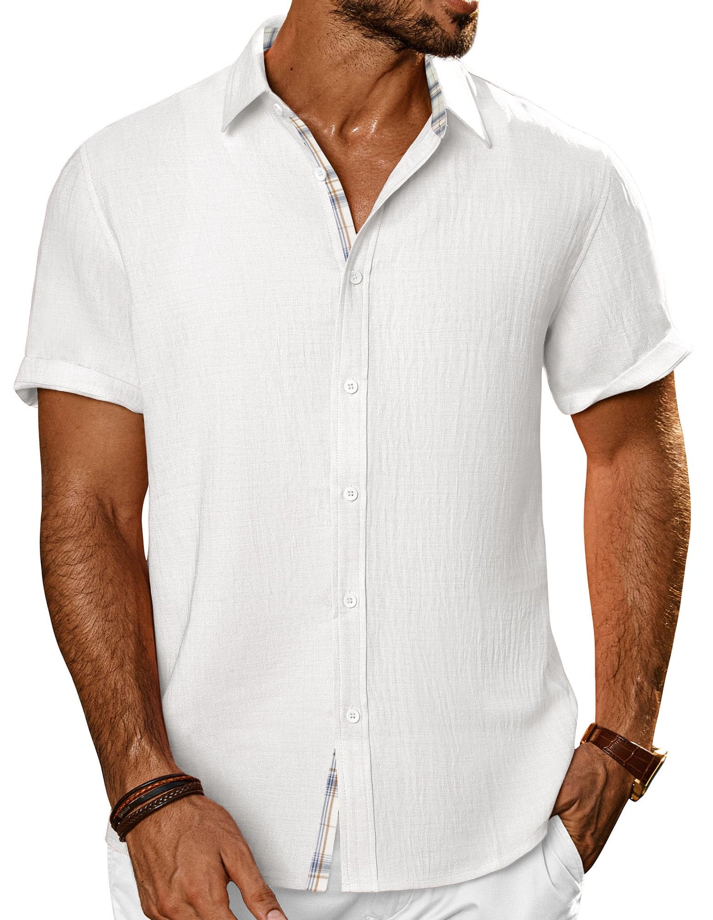 HOTPJ PAUL JONES Mens Short Sleeve Button Down Shirts Casual Summer Clothing | Linen Textured, Summer Beach Vacation Tops, Untucked Dress Shirt, Lightweight, Regular Fit, Fashion Resort Wear