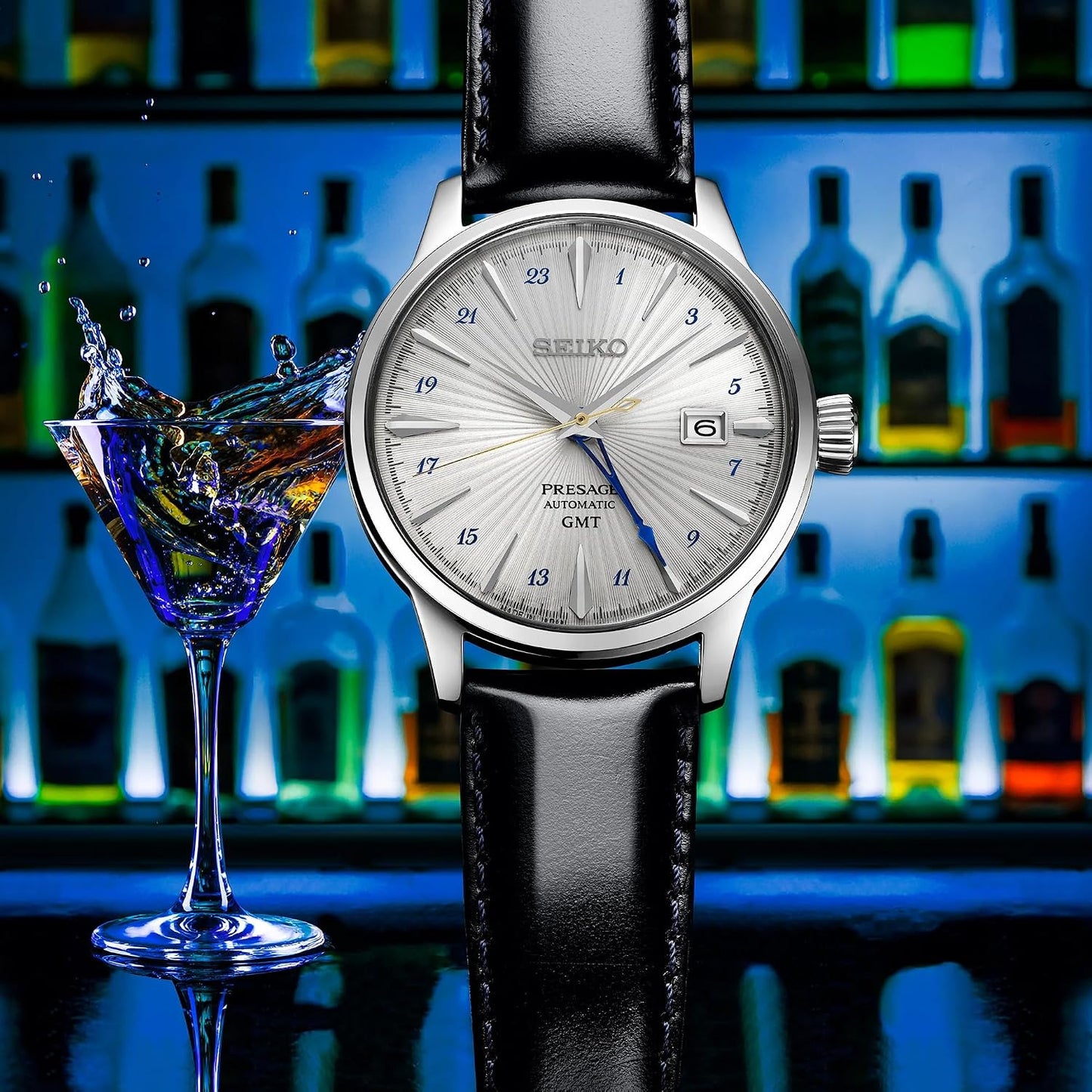 HOTSEIKO Presage SSK049 Men's Cocktail Time GMT Leather Band Silver Dial Automatic Watch