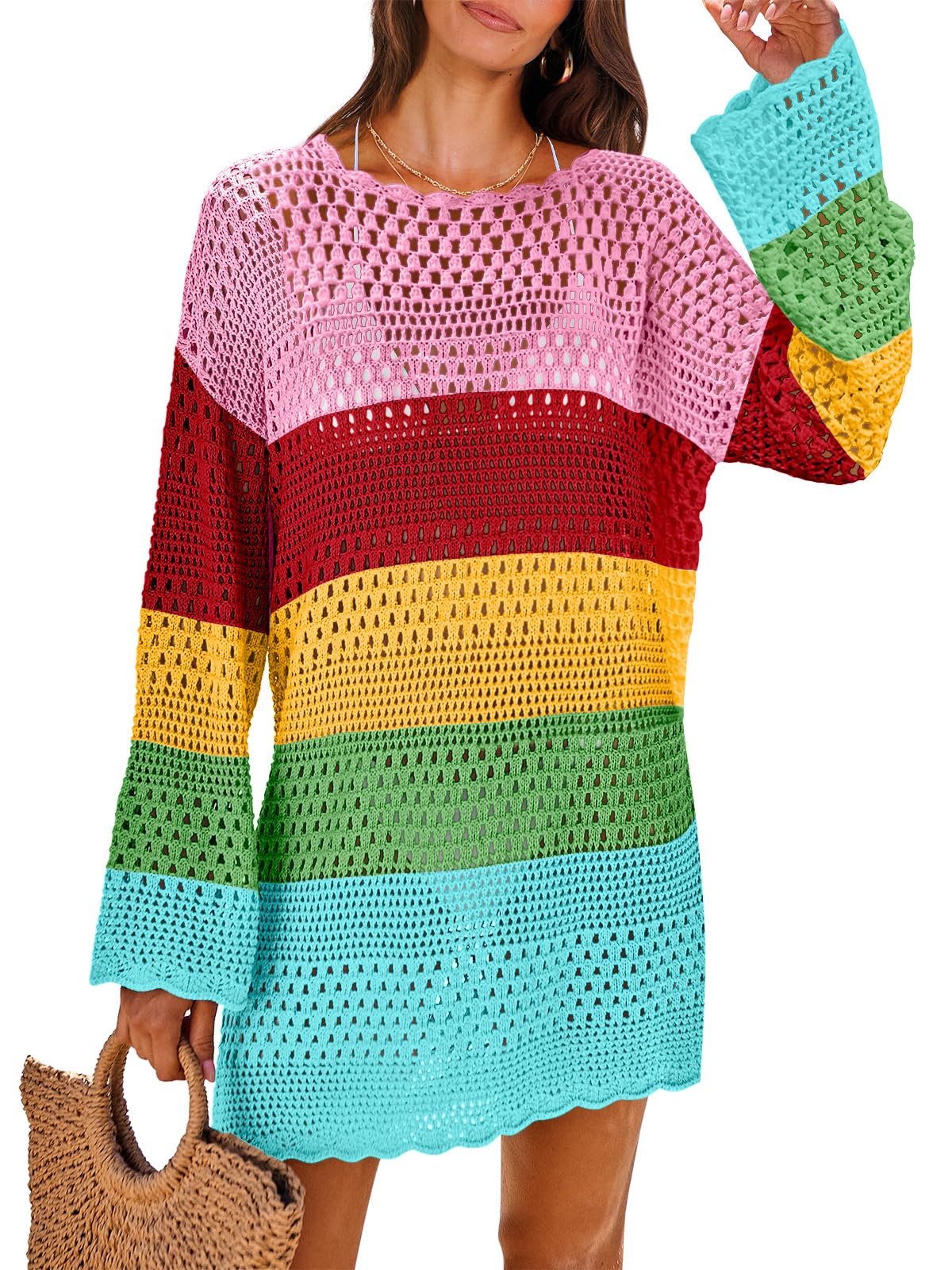 HOTANRABESS Women Swimsuit Crochet Swim Cover Up 2026 Summer Bathing Suit Swimwear Mesh Knit Beach Dress Vacation Outfits