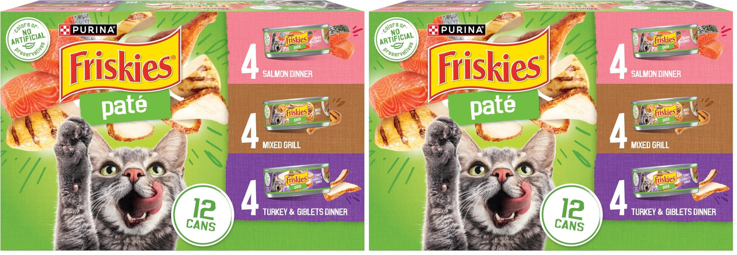 HOTPurina Friskies Wet Cat Food Pate Variety Pack Salmon Dinner, Turkey and Giblets Dinner and Mixed Grill - (2 Packs of 12) 5.5 oz. Cans