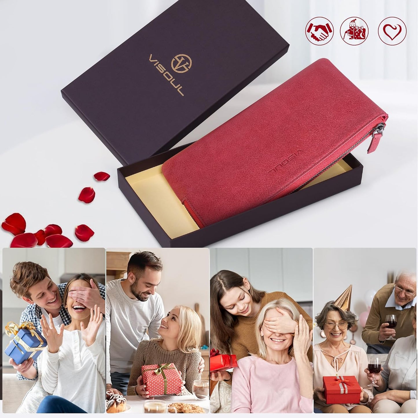 HOTVISOUL Long Zipper Cash Wallet for Women with Removable Credit Card Holder, Soft Genuine Leather Clutch Wallet-Light Red