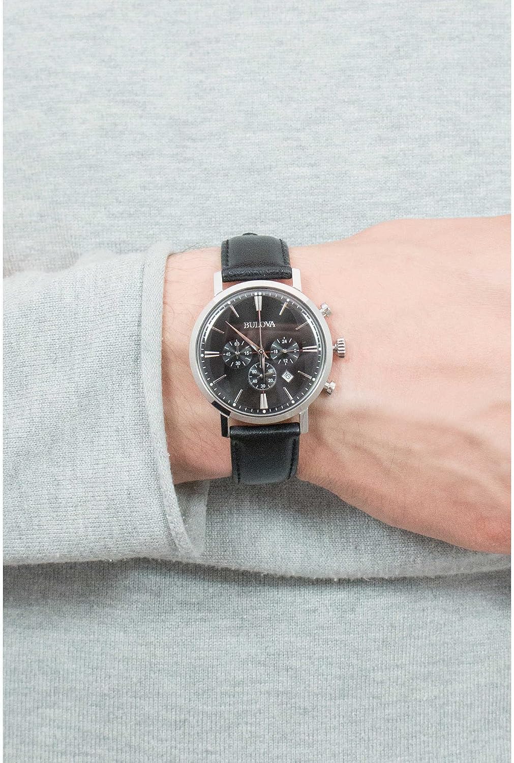 HOTBulova Men's Classic Aerojet Stainless Steel 6-Hand Chronograph Watch with Black Leather Strap, 41mm Style: 96B262