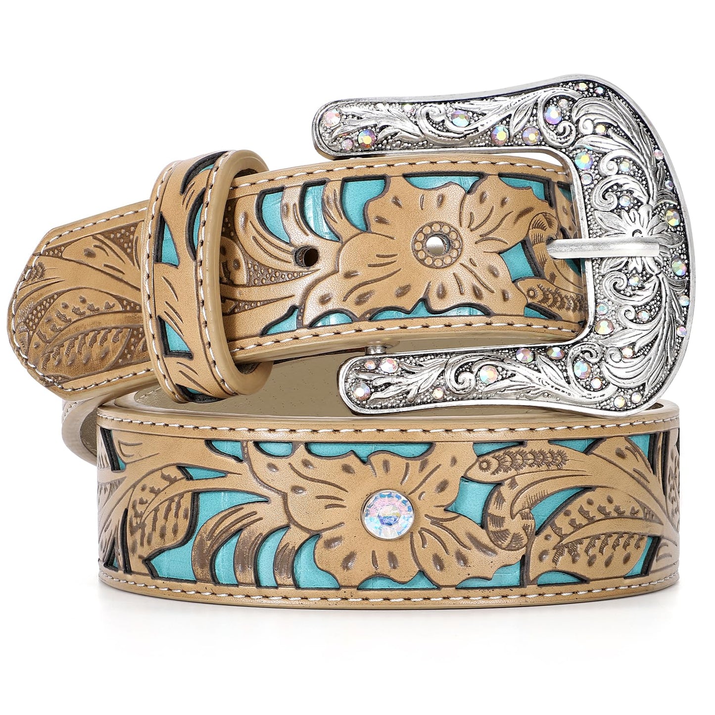 HOTTRIWORKS Western Belts for Women Cowgirl,Cowboy Bling Country Turquoise Belts for Jeans Pants Dresses