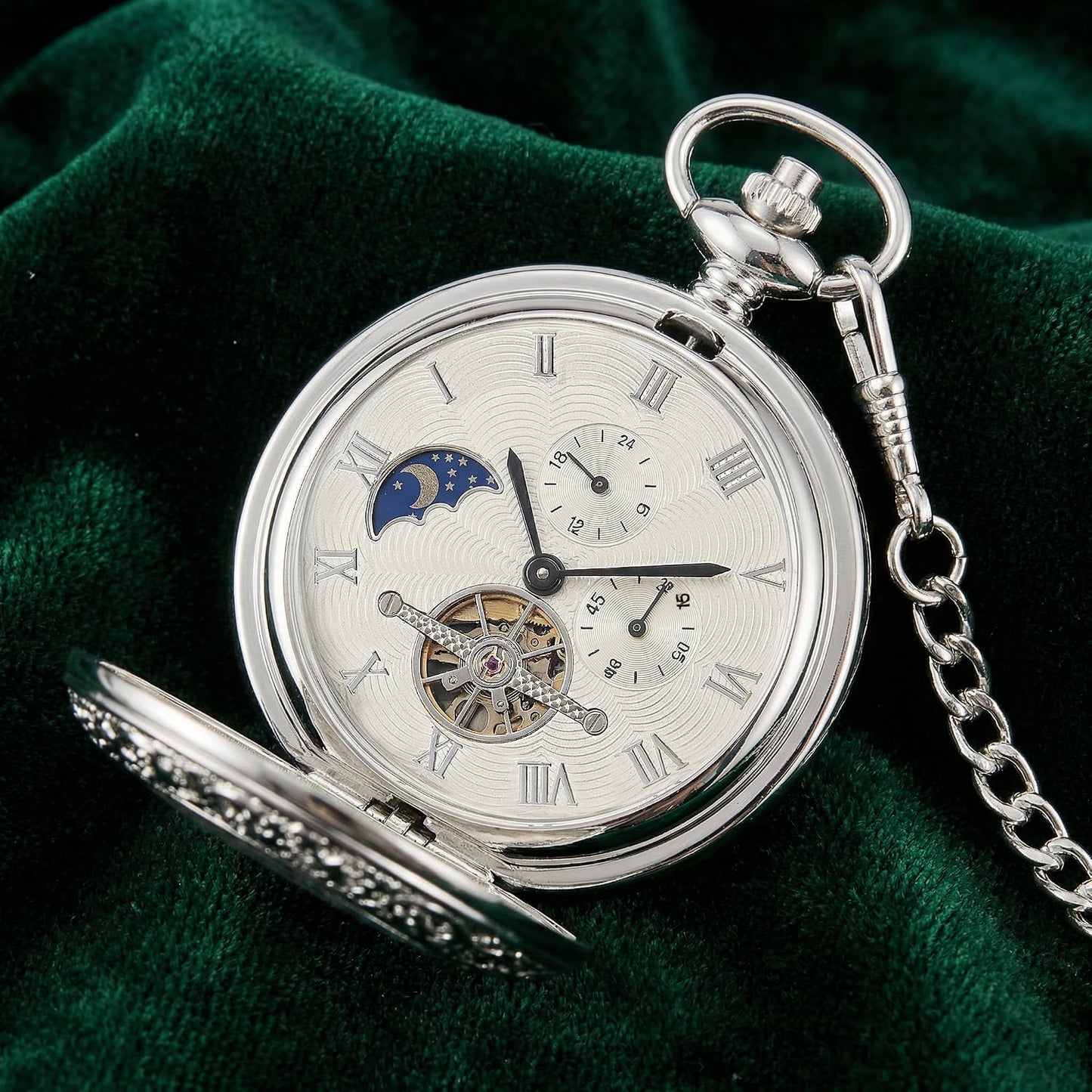 HOTOBTAIN Vintage Mechanical Pocket Watch - Exquisite Double-Sided Floral Engraved Case, Single Hunter Skeleton Design, Antique Silver Hand-Winding Watch with 25cm Chain, Gift Box for Men