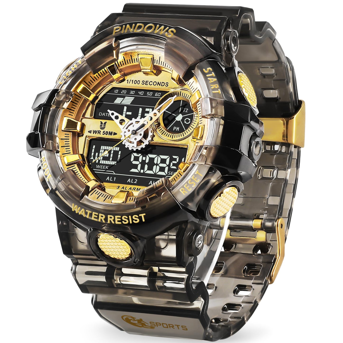 HOTPINIDOUS Mens Watch for Men Digital Sport Watch Transparent Gold Watches Waterproof Watches with 3 Alarms/Countdown/Stopwatch/Digital-Analog/Dual Time/Light/Military Multifunctional Wrist Watch