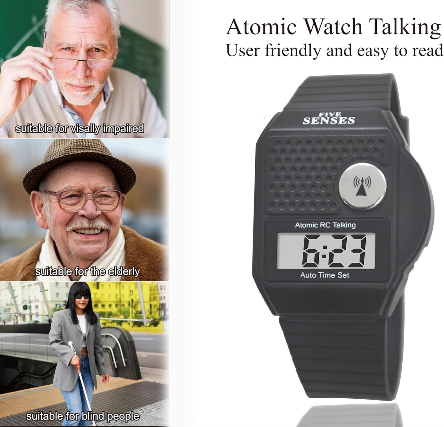 HOTFive Senses - English Atomic Talking Watch, Easy to use for Seniors Blind Men Women, Loud Talking Watch with Sound for Vision Impaired, Watches for Elderly Women, Blind People Products 1026 (BLACK)