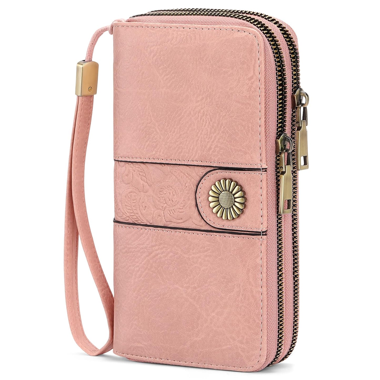 HOTSENDEFN Wallet for Women Leather Double Zipper RFID Blocking Card Holder, Large Capacity Clutch Wallet with Wristlet