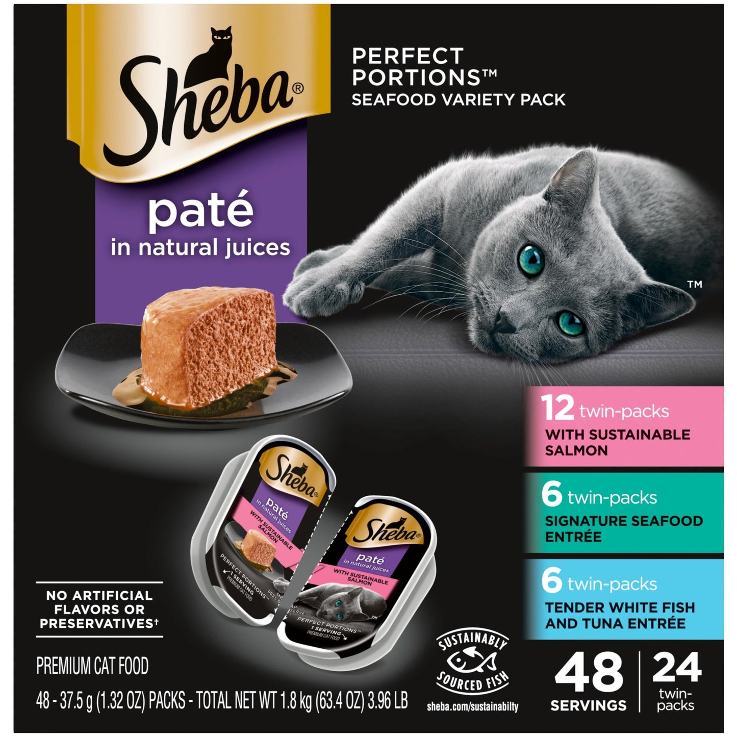 HOTSheba Perfect Portions Pate Wet Cat Food, Multipack, 2.6 oz, 24 ct | Grain-free, Chicken, Turkey & Beef, 48 servings, no artificial flavors/preservatives, complete & balanced, twin-pack trays