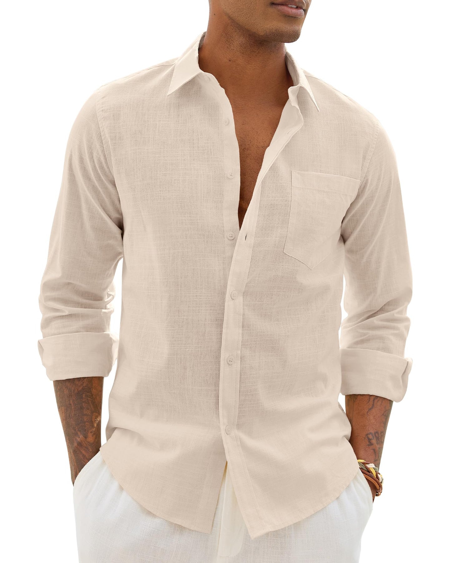 HOTAlimens & Gentle Mens Cotton Linen Textured Shirt Long Sleeve Button Down Shirts Casual Summer Beach Wedding Tops with Pocket