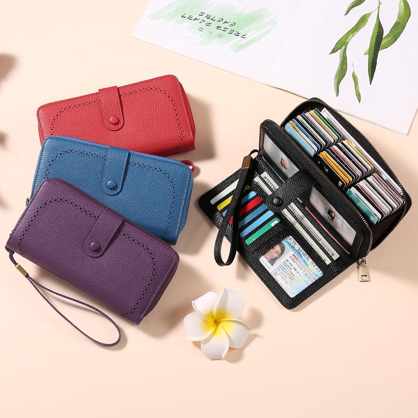 HOTGAEKEAO Leather Credit Card Holder Wallet for Women RFID Blocking Large Capacity Bifold Zipper Card Case Organizer with Wristlet 45 Slots