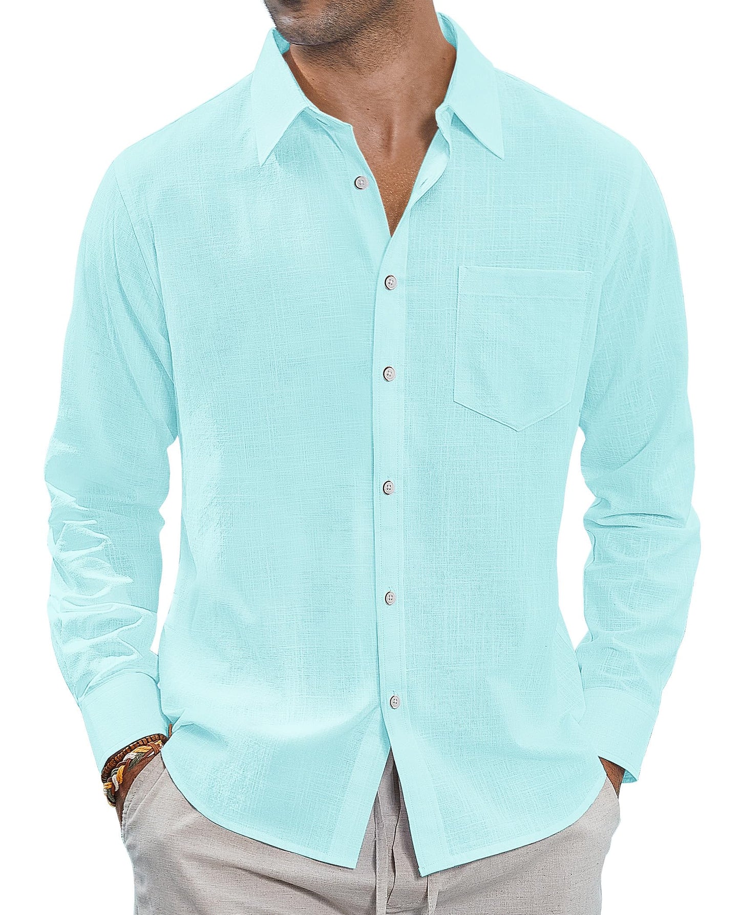 HOTJ.VER Men's Linen Shirts Casual Button Down Long Sleeve Shirt Solid Spread Collar Summer Beach Shirts with Pocket