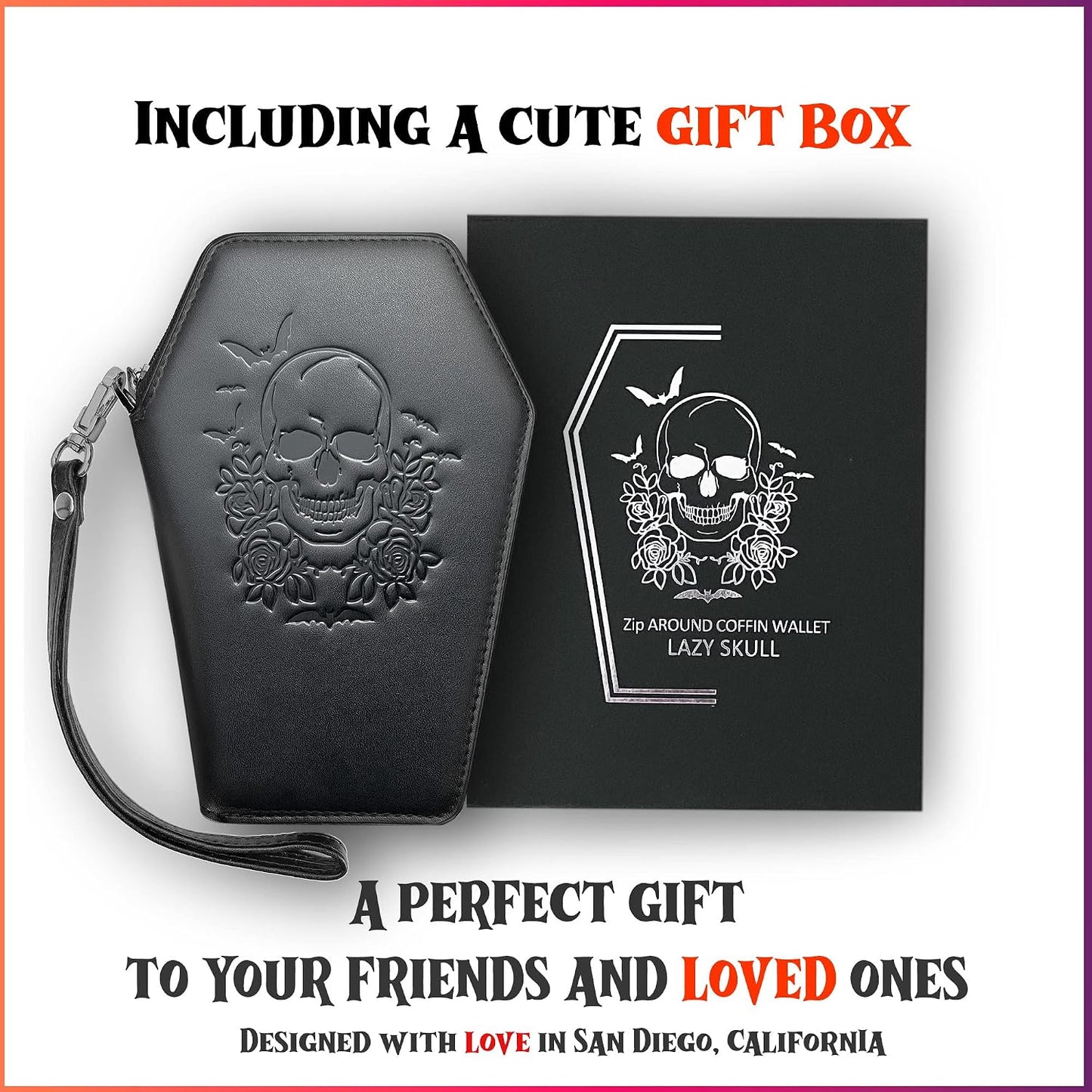 HOTLazy Skull Zip Around Coffin Wallet – Cute Witchy Small Purse for Women with Skull and Bat Design– Goth Accessory Wallet – Horror Coffin Purse– Spooky Halloween Gothic Wallet with Wristlet Strap