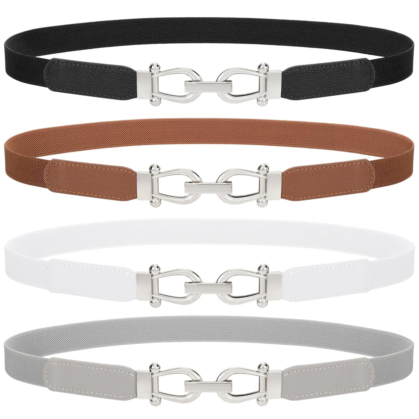 HOTTRIWORKS 4 Pack Women Skinny Elastic Belts Gold Buckle Thin Stretchy Waist Belts for Dresses