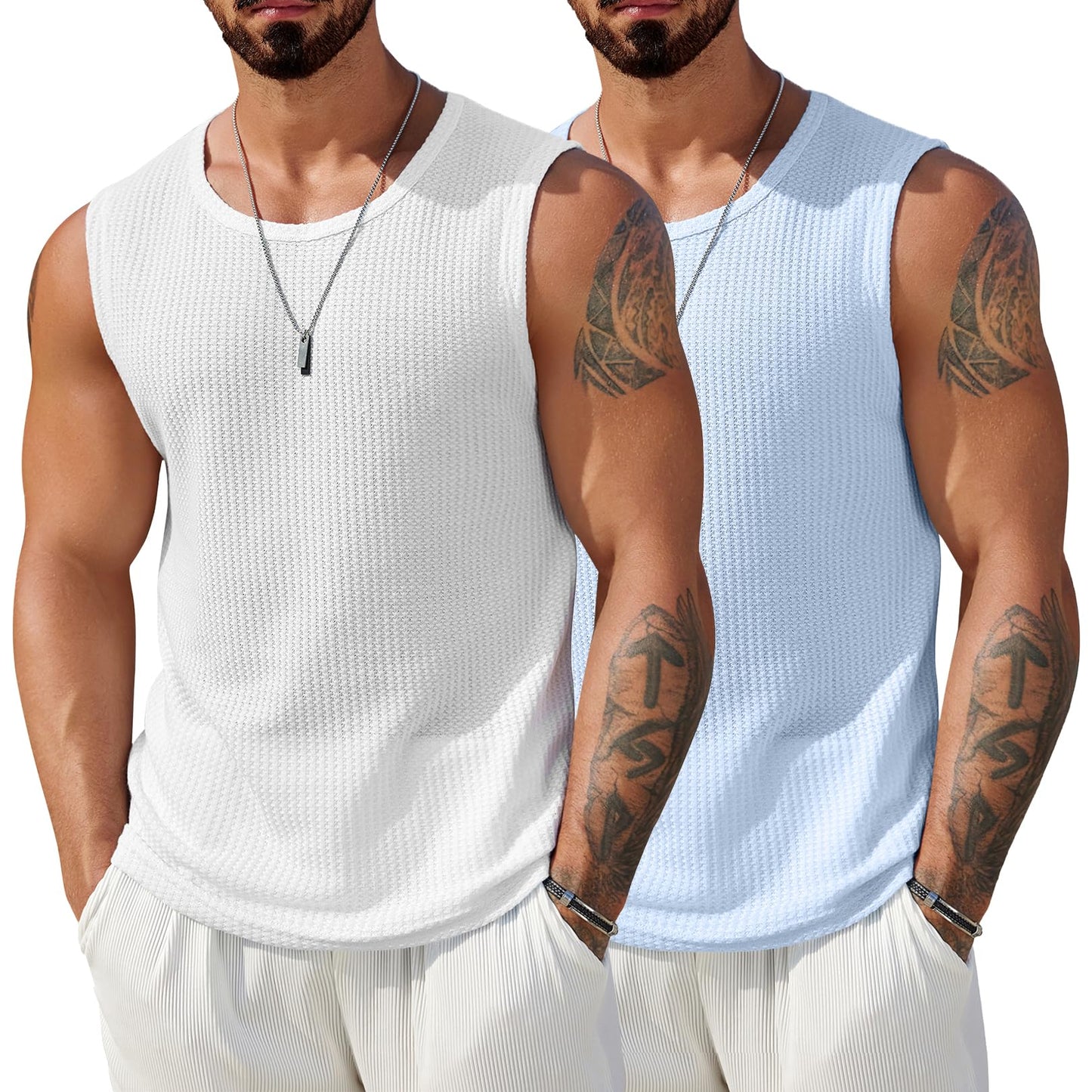 HOTCOOFANDY Mens Casual Tank Tops 2 Pack Waffle Knit Sleeveless Shirt Breathable Tank Shirts Summer Muscle Tee