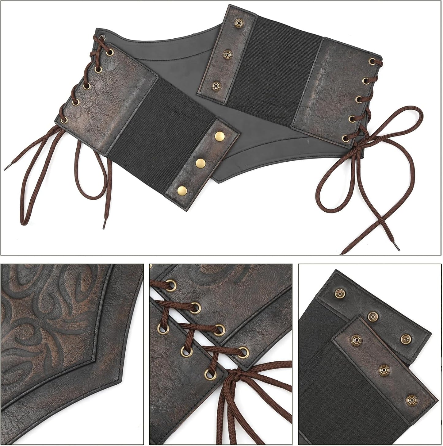 HOTL'VOW Women's Brown PU Leather Viking Renaissance Medieval Wide Cinch Corset Belt Adjustable Lace-Up