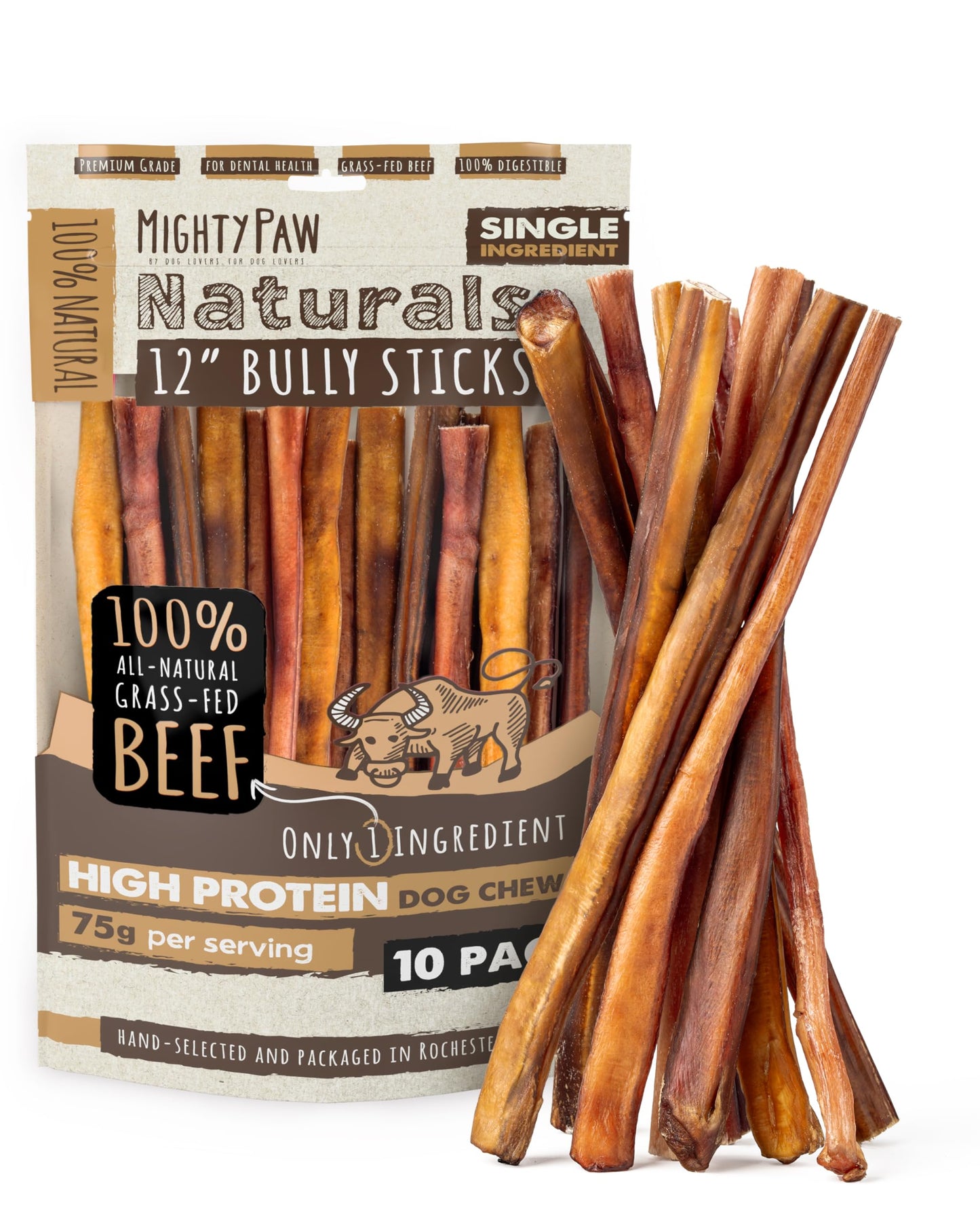 HOTMighty Paw Long Lasting 12" Bully Sticks for Dogs - All Natural Grass Fed Beef Chews. Lower Odor Dog Bully Sticks for Large Dogs, Medium and Small Breeds. Single Ingredient Treats