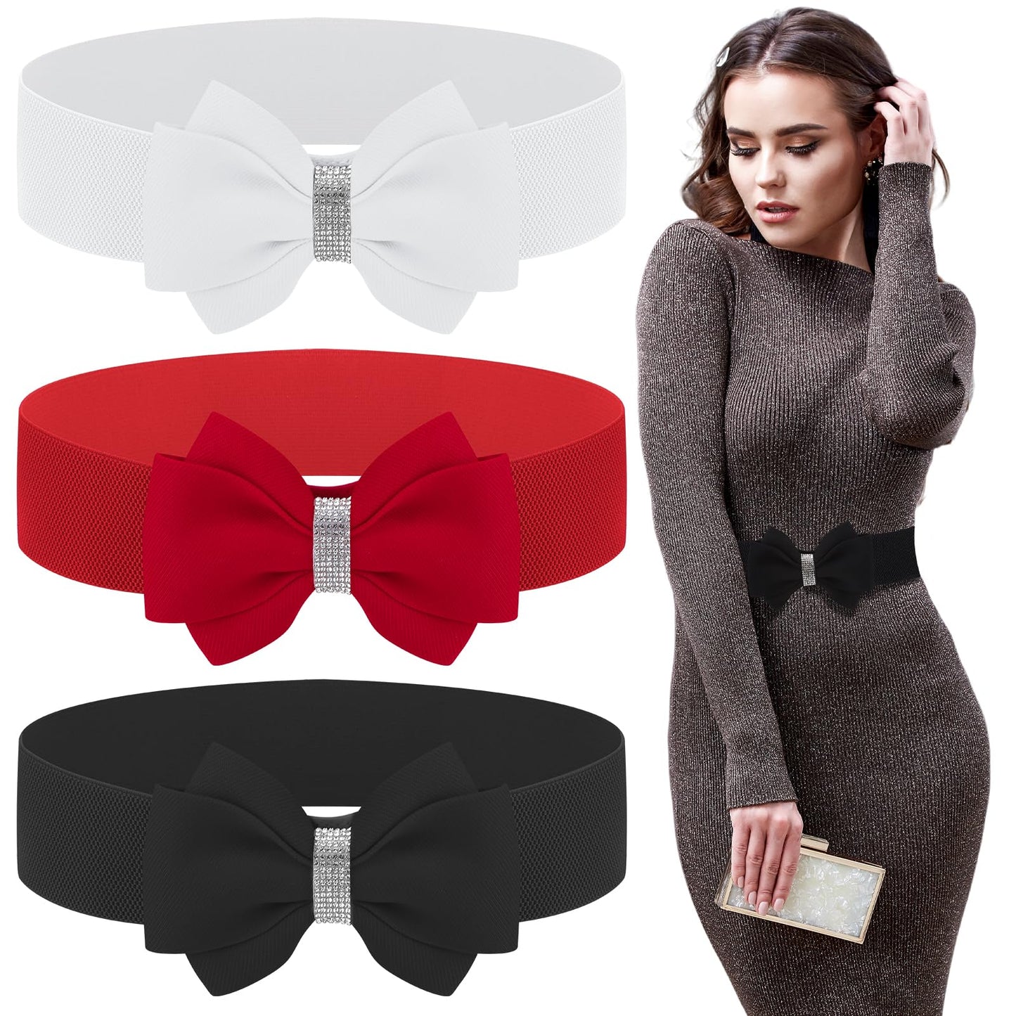 HOT3 Pcs Bow Belts for Women Red Bow Belt | Elastic Waist Belt Vintage Bowknot Stretchy Cinch Belt