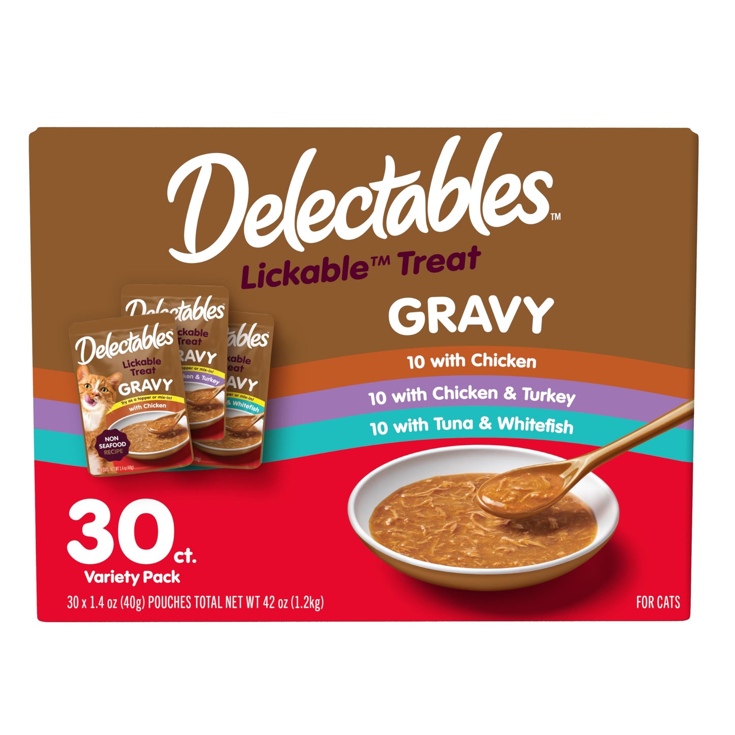 HOTDelectables Lickable Treat Gravy Wet Cat Treat Variety Pack, Food Topper, Hydrating, Grain-Free, No Fillers, By-Products, Added Preservatives, 1.4oz Pouch, 12ct