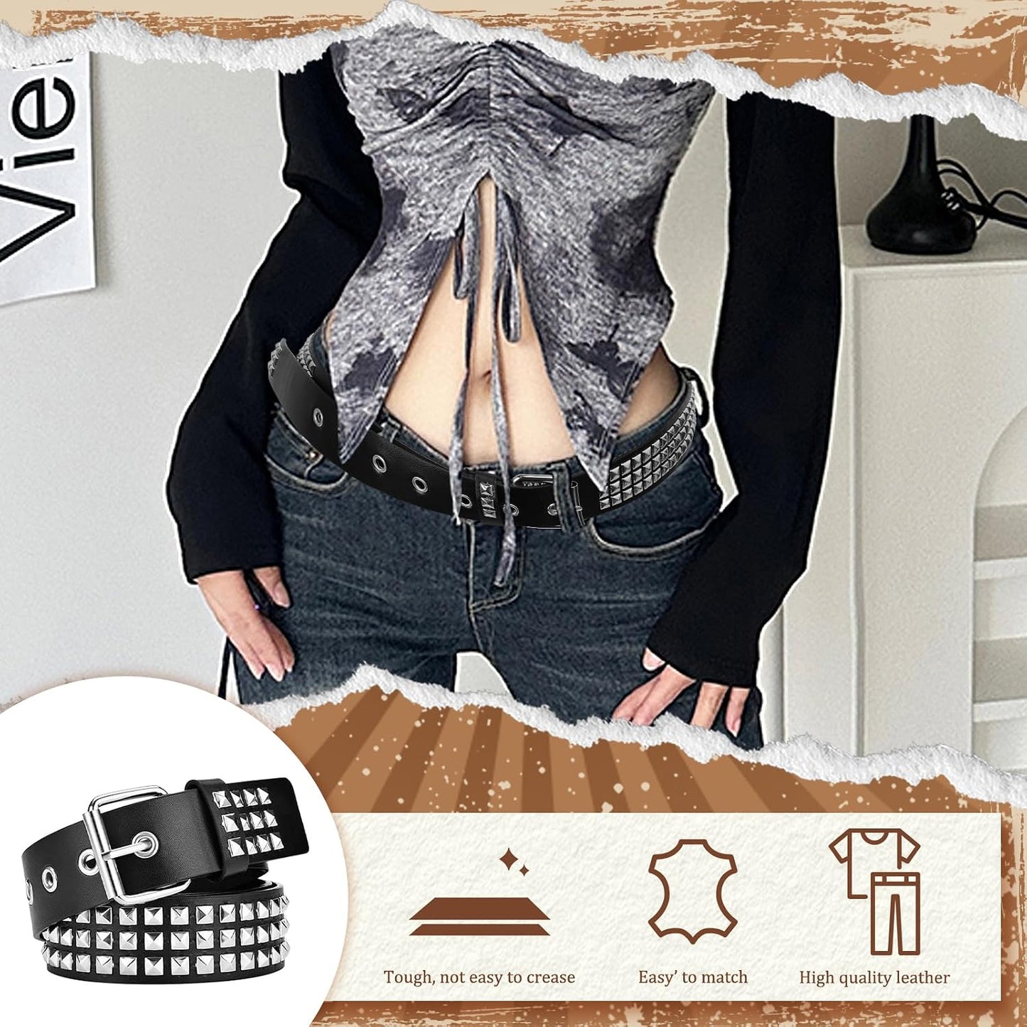 HOT3 Pcs White Black Studded Belt, Y2K Belt Goth Emo Punk Rock with Grommet Bright Metal Pyramid for Women Men